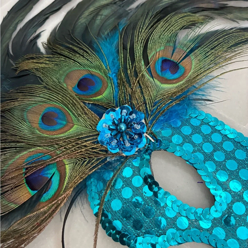 Teal blue Peacock Feather Sequin Mask